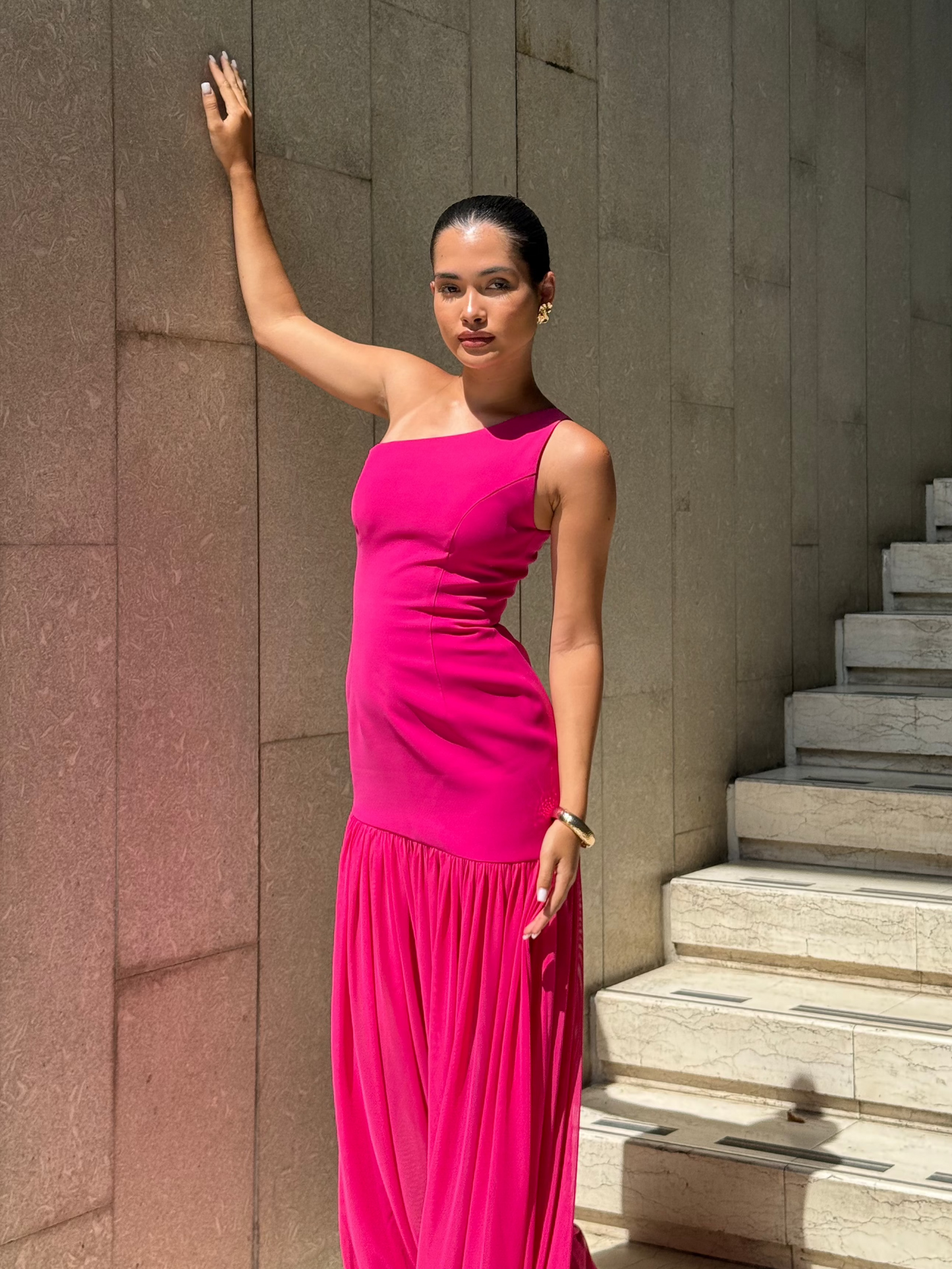 Aria One-Shoulder Mesh Gown