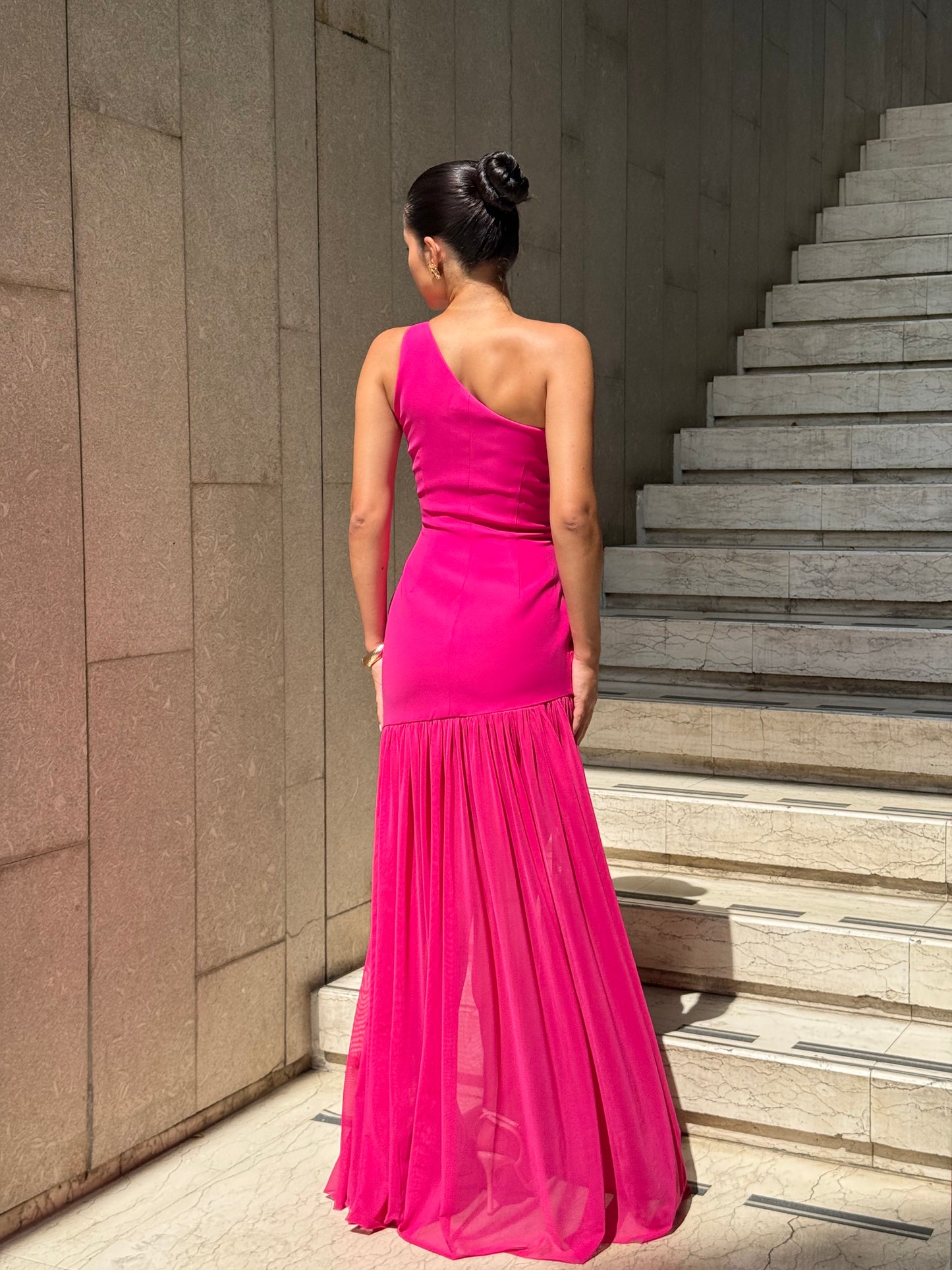 Aria One-Shoulder Mesh Gown